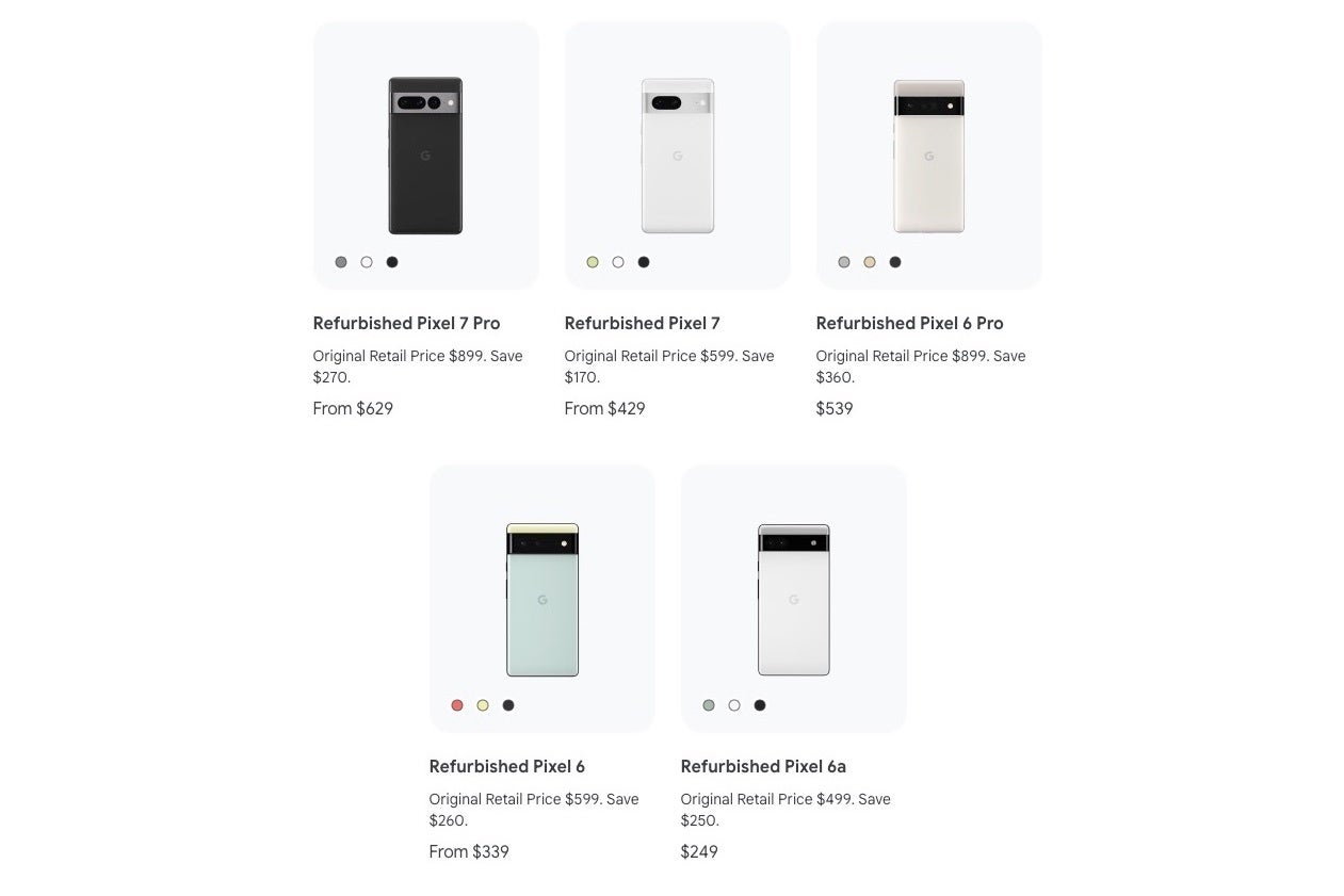 A screenshot of the current selection of Certified Refurbished Google Pixel phones and their pricing