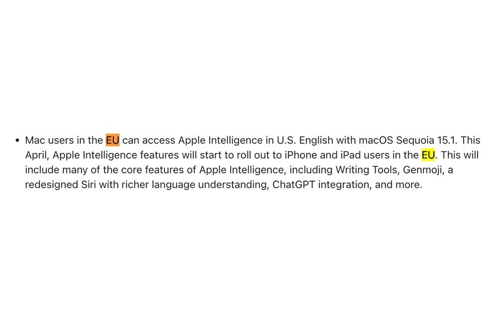 A screenshot from a press release stating the release date for Apple Intelligence in the EU