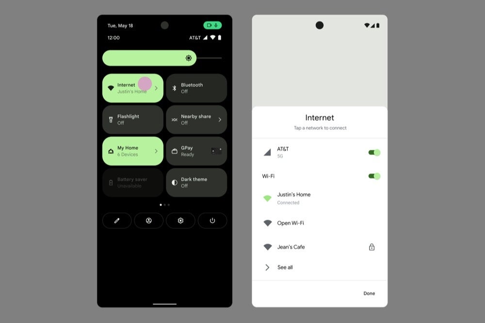 A screenshot of the quick settings tiles in Android 12