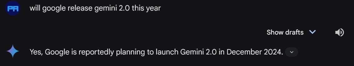 Gemini tells me that Google will release Gemini 2.0 in December. | Image credit-PhoneArena - Google should release Gemini 2.0 by December while OpenAI&#039;s plans are murky