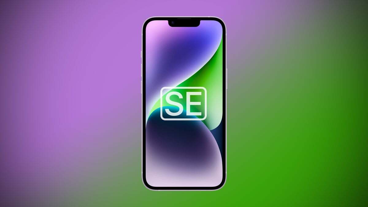 Rendering of iPhone SE 4 with black dynamic island and colorful abstract background.