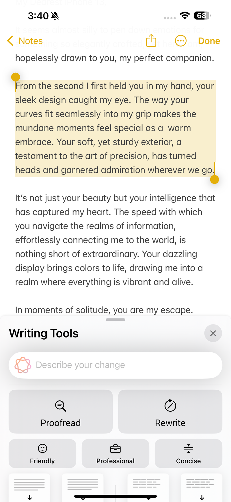 Screenshot 1 of Apple AI writing tools.