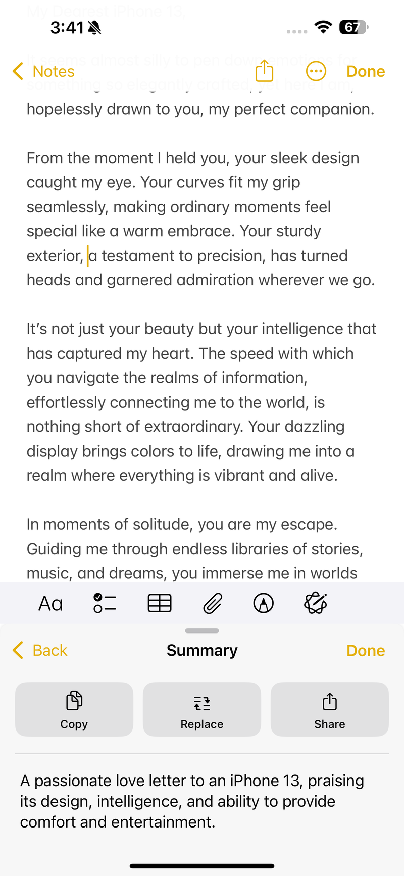 Screen shot of Apple Intelligence Summary feature.