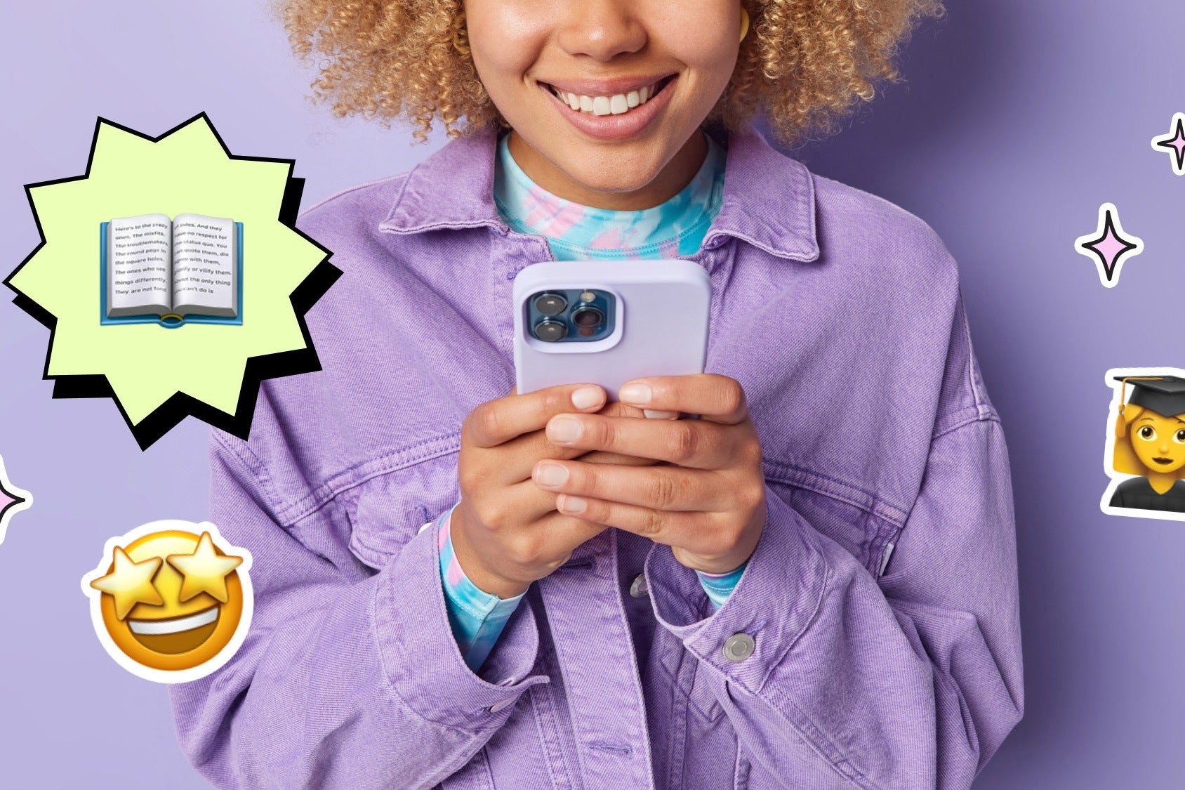 An image of a young girl reading a purple iPhone