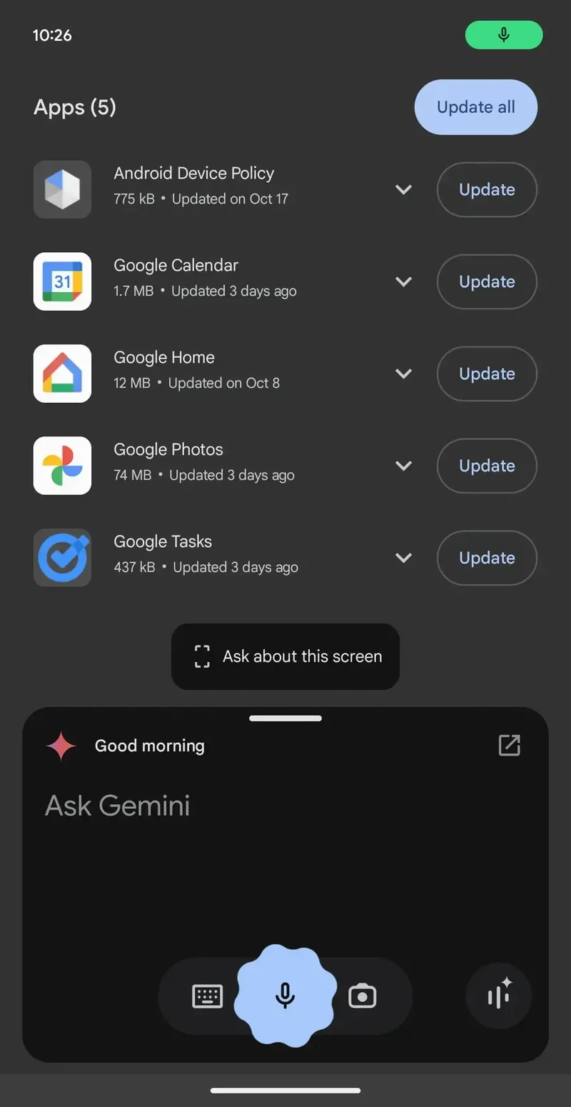 Screenshot showing the Gemini multitasking window at the bottom of the display.