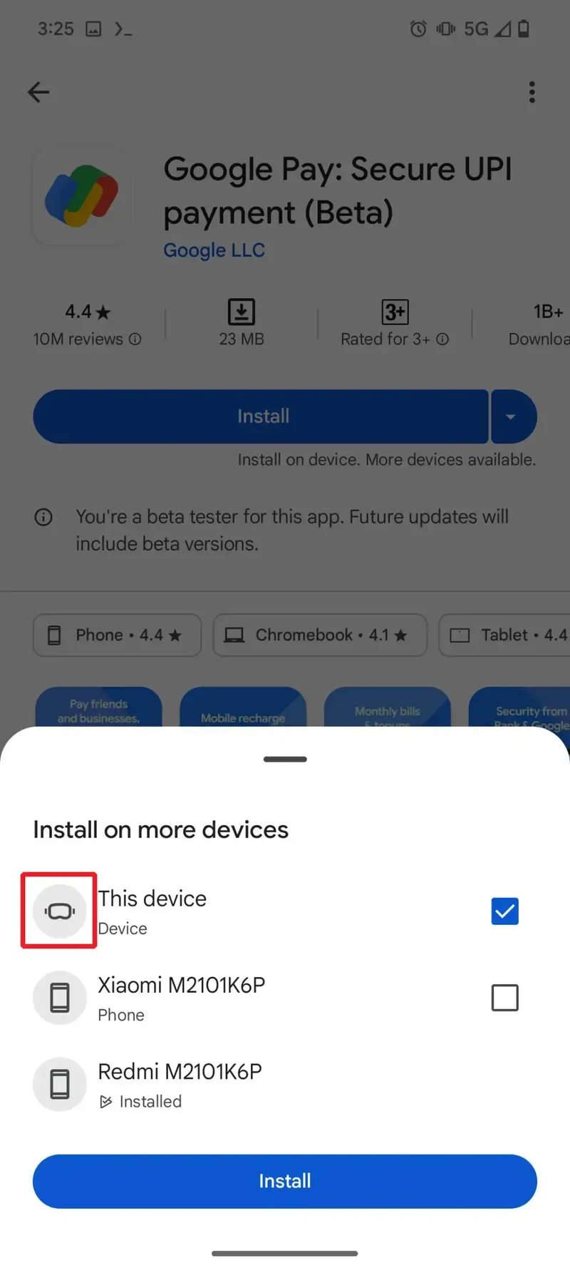 Screenshot of the feature showing a new type of device on Play Store.