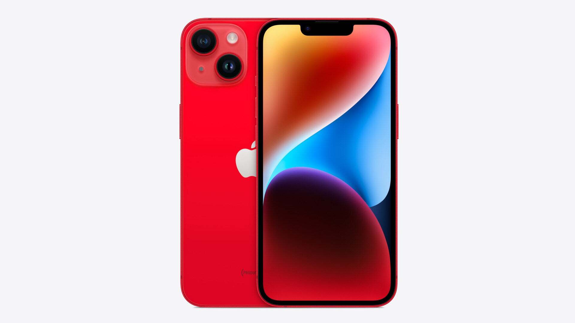 The iPhone 14 in product red, a vibrant red color.