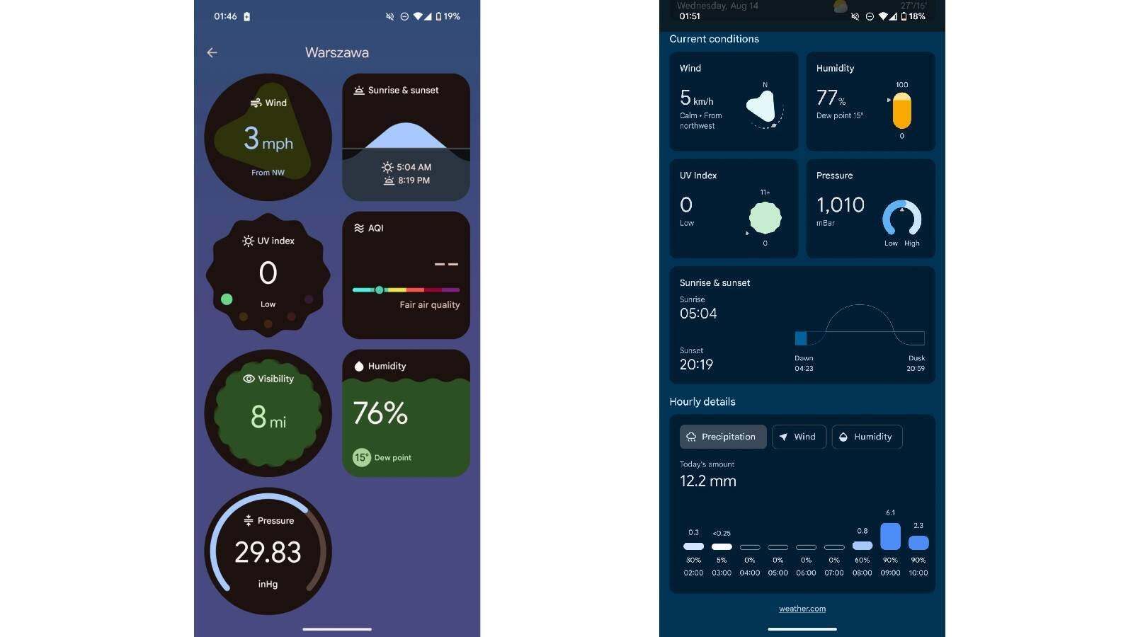 New weather app and old weather app. |Image credit — Android Authority - Google releases Pixel Weather app for Pixel 6 and later, including tablets