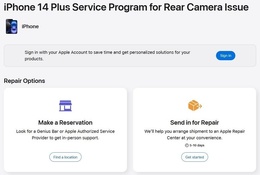 Apple&#039;s new iPhone 14 Plus Support Page offers links to help you arrange for a free repair to fix a camera flaw. | Image credit-Apple - Apple is offering a free camera repair to fix a serious flaw on some iPhone 14 Plus units