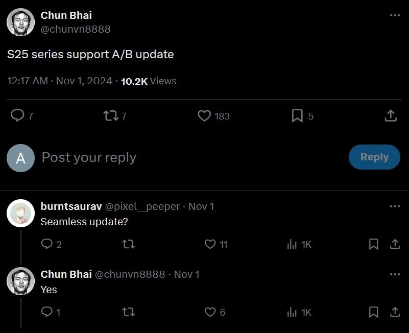 Leaker writes tweet calling for seamless Android updates to be available for the Galaxy S25 series next year. | Image credit-X - Galaxy S25 series could be Sammy's first flagship to use seamless A/B software updates
