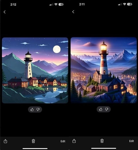 Image Playground illustration and animated images of a city at night with mountains and a lighthouse.