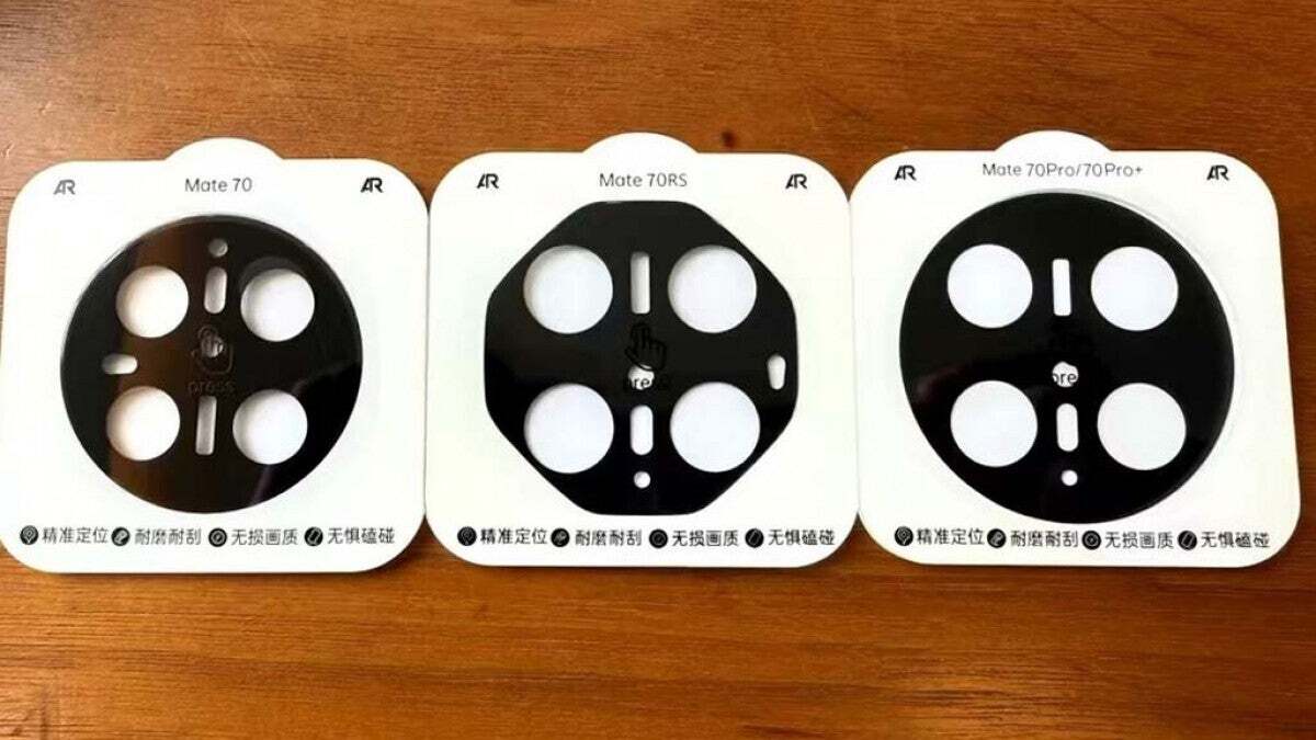 Three back camera island designs, labeled for different Huawei Mate 70 series phones. 