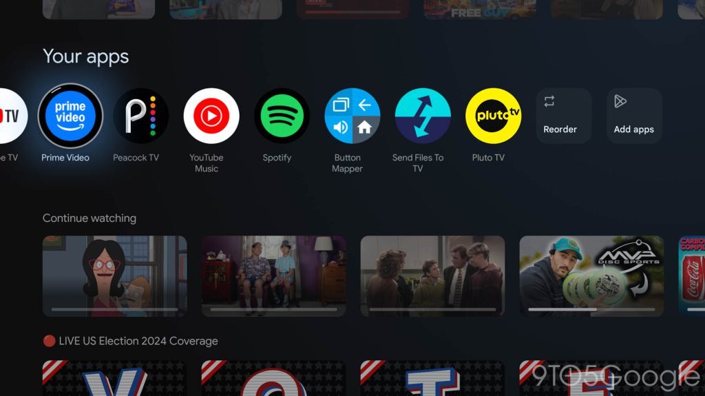 A screenshot of the Google TV homepage showing app updates in progress