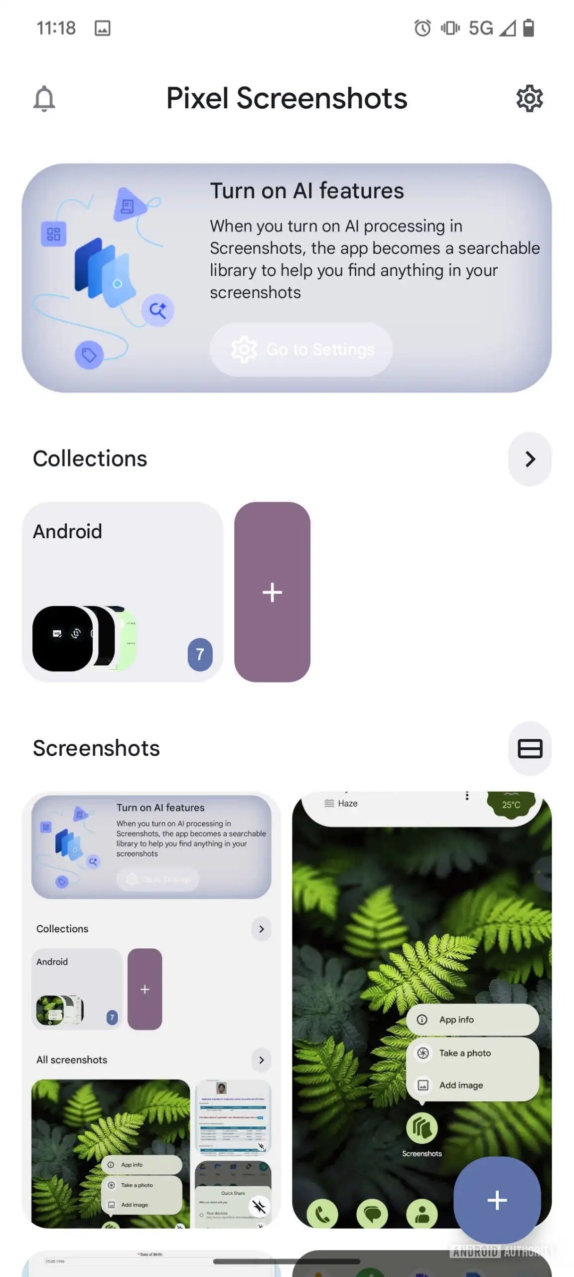 Screenshot of the Pixel Screenshots app new home page UI