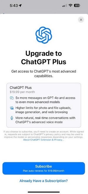 If you don&#039;t want to worry about limits, you can sign up for ChatGPT Plus directly from your iPhone. | Image credit-PhoneArena - Latest beta update reveals how Siri&#039;s ChatGPT integration allows use of advanced AI capabilties