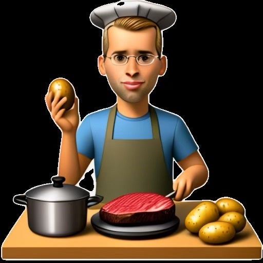 Victor with a chef's hat on cooking steak with potatoes