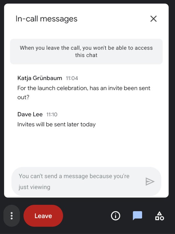 Google Meet chat messages viewed from a live stream 