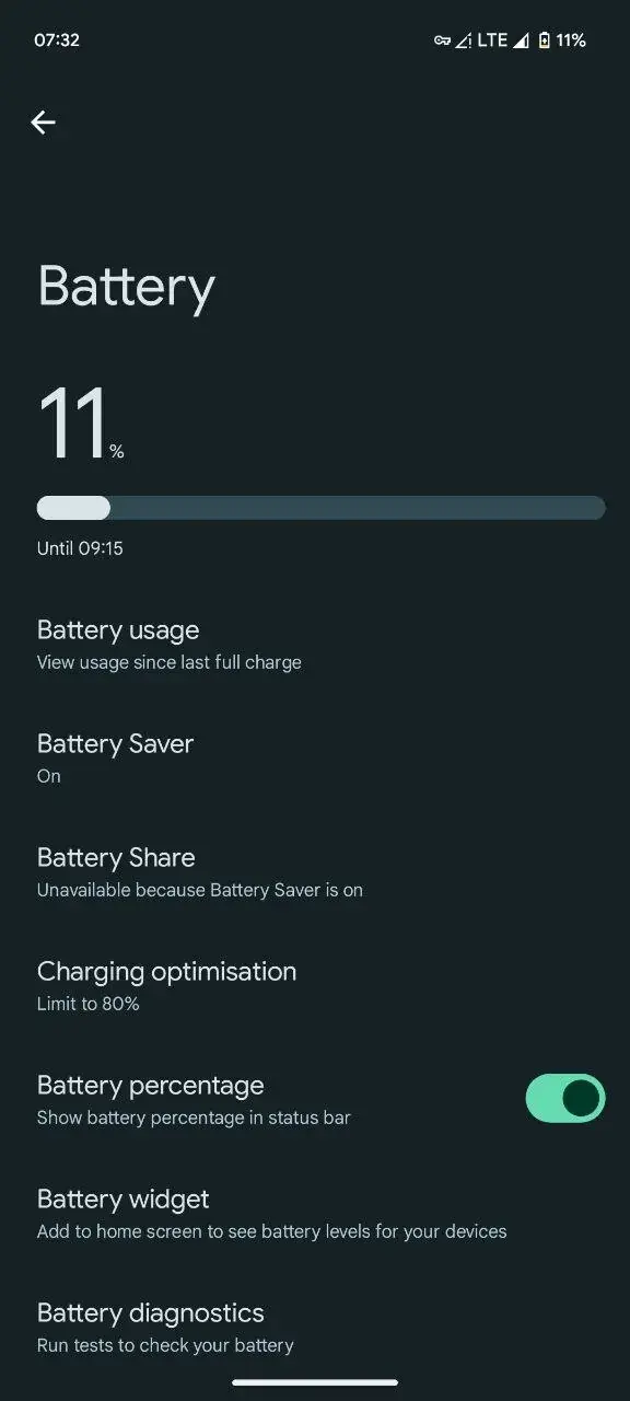 Screenshot of the battery charging limit on Pixels