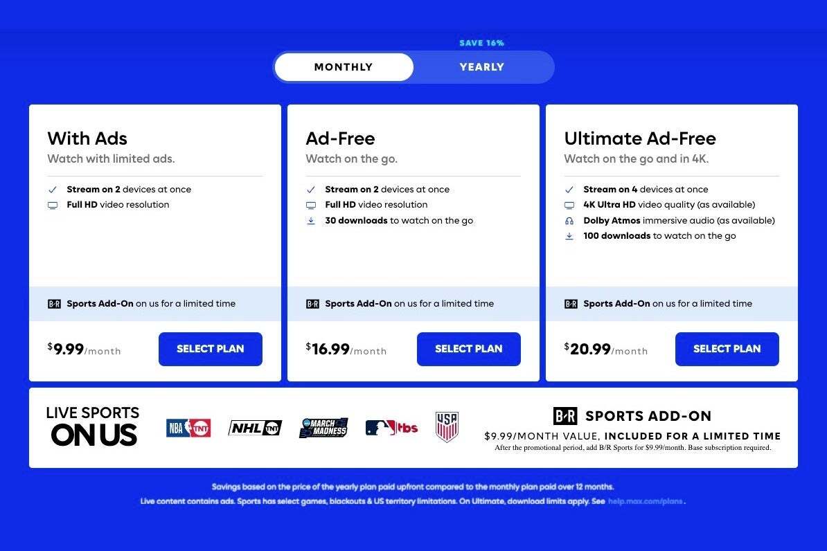 A table showing three Max streaming service plans: With Ads, Ad-Free, and Ultimate Ad-Free.