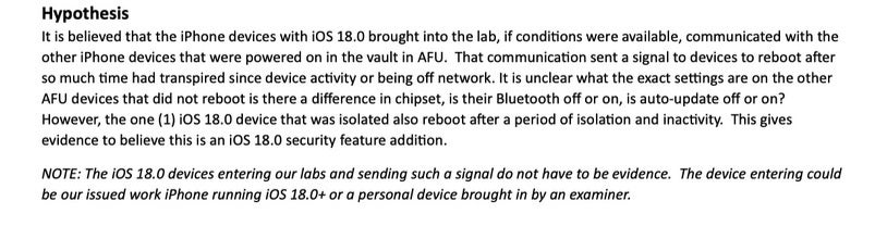 Excerpt from a leaked law enforcement document about iPhone units mysteriously rebooting.