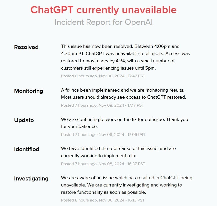 Minutes before OpenAI took down the warning, ChatGPT was still considered not available to all users. | Image credit-OpenAI - ChatGPT went down briefly Friday evening affecting Siri on some iPhone models