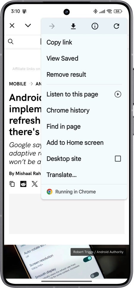 Screenshot of an Android Custom Tab powered by Google Chrome