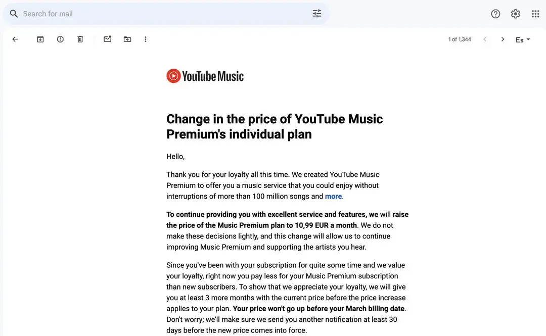 A screenshot of the email notification sent to grandfathered YouTube Music users advising them of the price hike