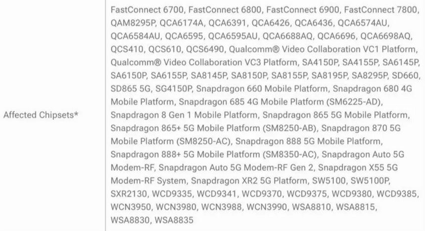 List shows all of the Qualcomm Snapdragon chips affected by this vulnerability.