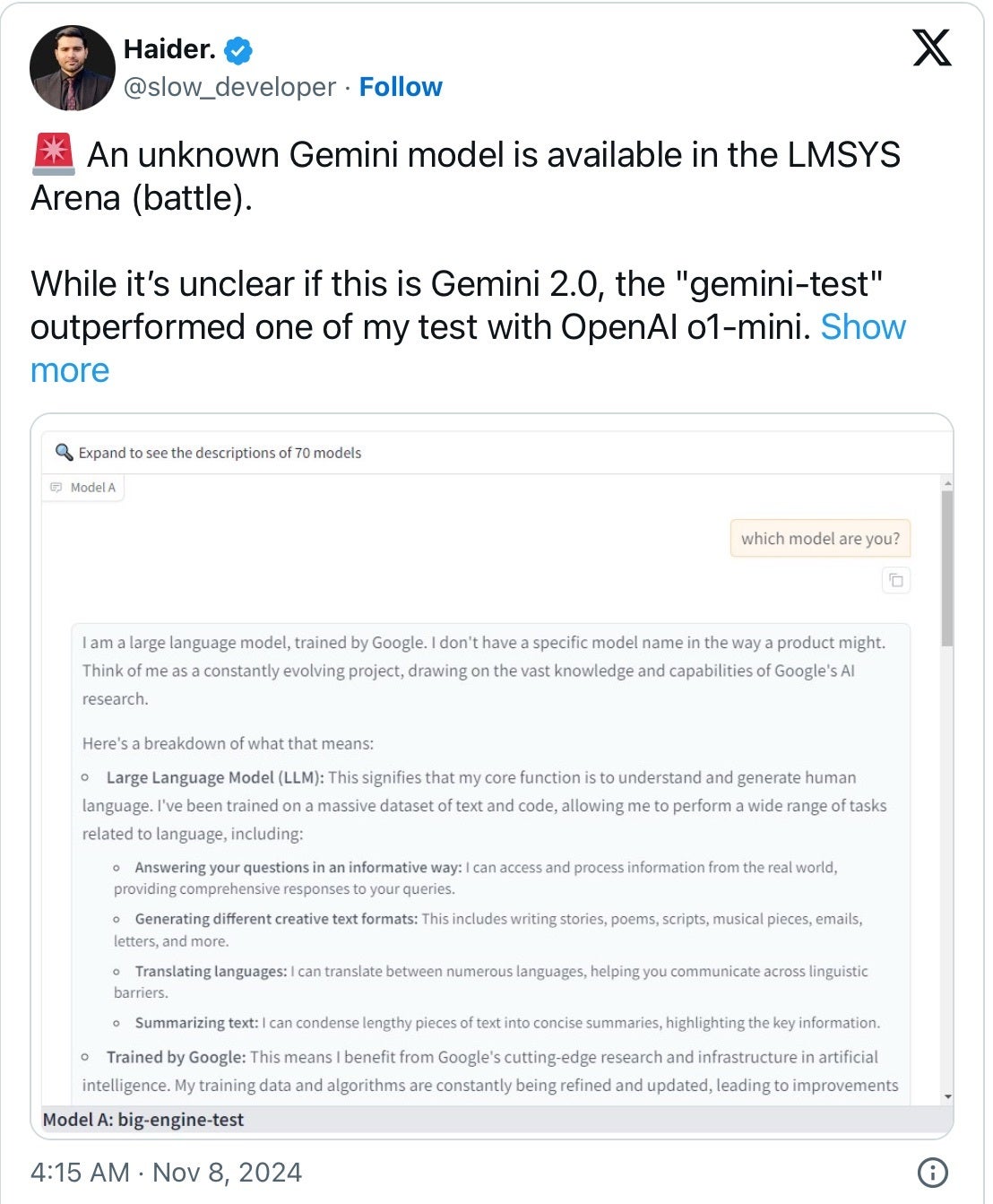 Screenshot of an X post showing a new unknown Gemini model