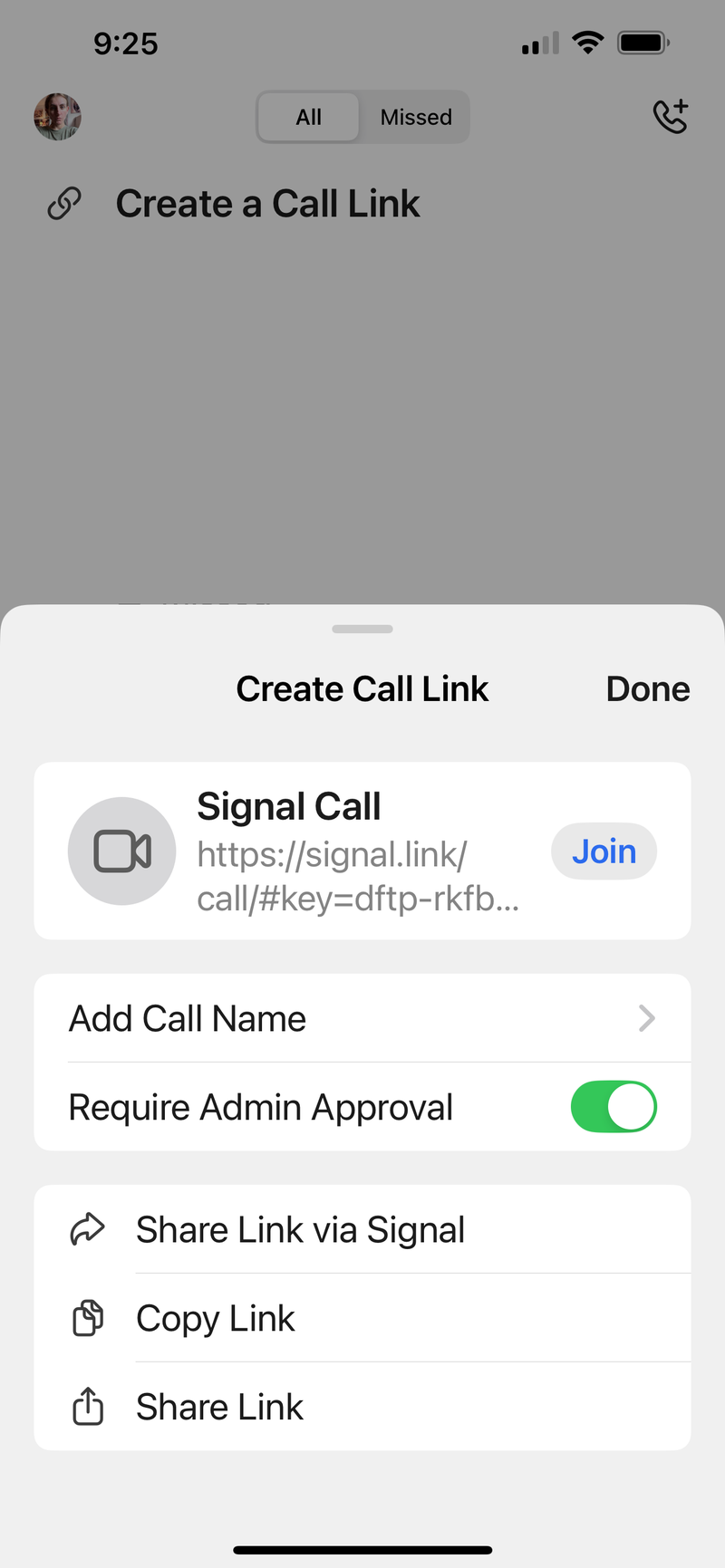 Signal Call Links. | Screenshot Credit - PhoneArena