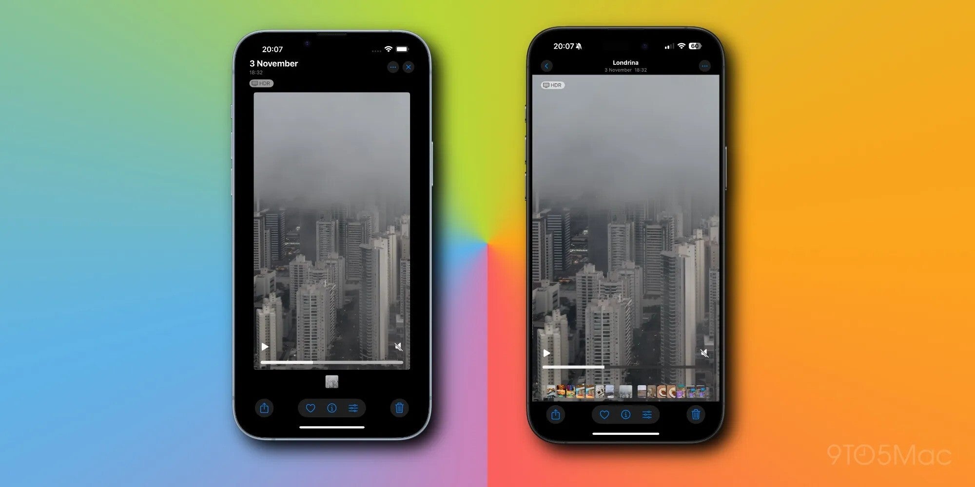 A side-by-side comparison of the Photos app on an iPhone running iOS 18 (left) and an iPhone running iOS 18.2 (right).