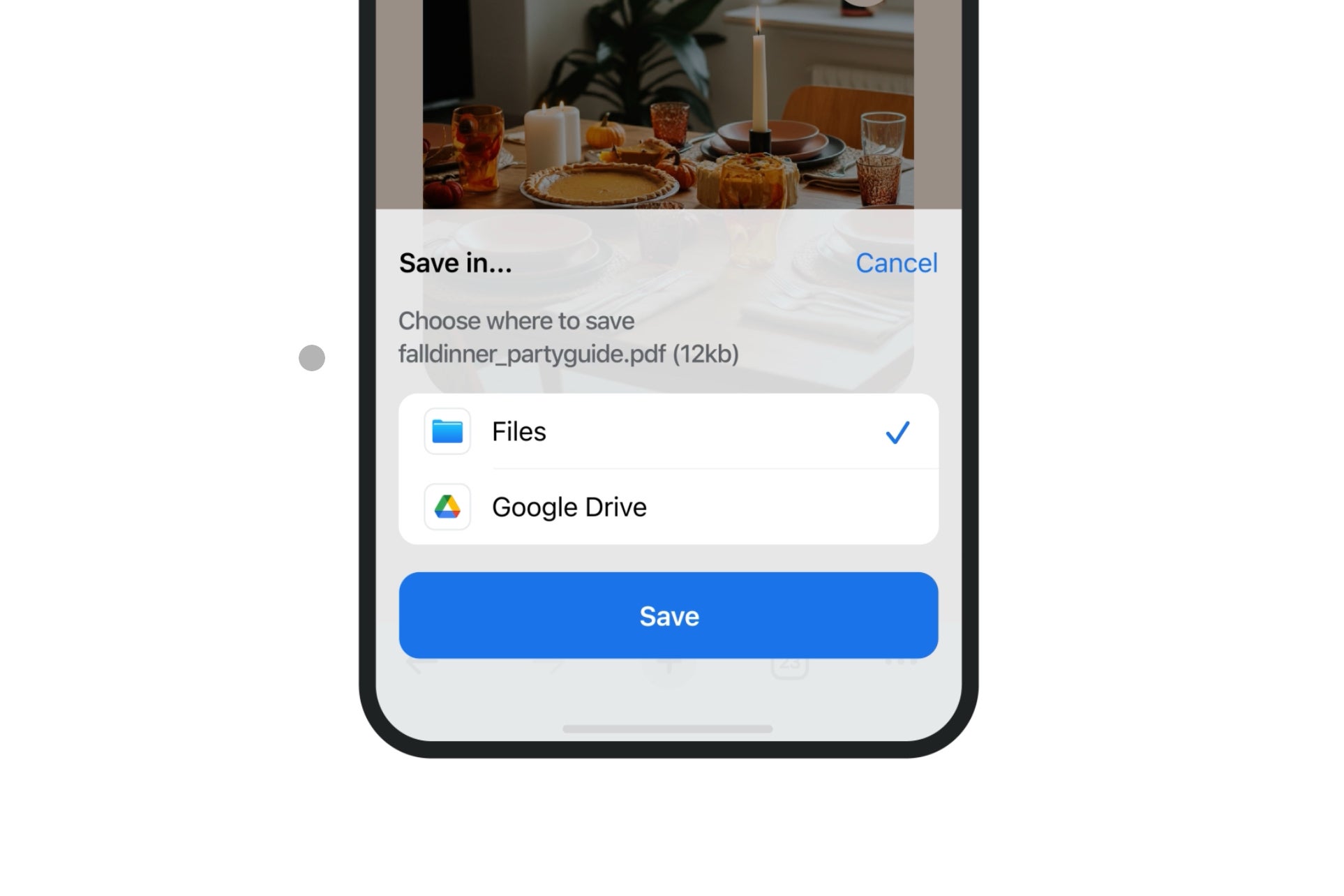 Screenshot of Google Chrome for iOS&amp;#039;s option to save to google drive