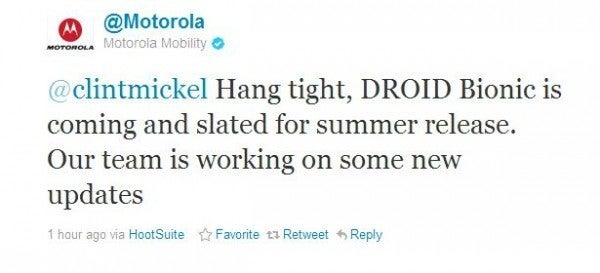 This tweet shows Motorola's committment to deliver the DROID Bionic this summer - Tweet confirms summer release for the Motorola DROID Bionic