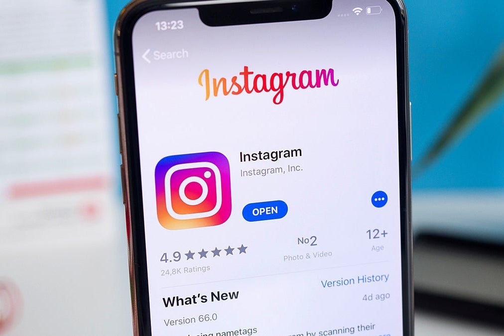 An image of an iPhone displaying the Instagram app on the app store