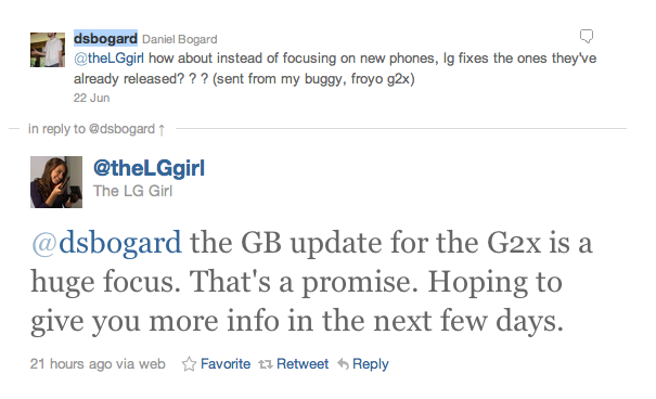 The LG Girl says she will have some news for us on in the next few days on the Gingerbread update for the T-Mobile G2x - LG Girl tweets that news is coming soon on the Gingerbread update for the T-Mobile G2x