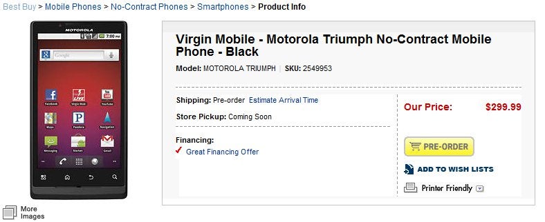 Best Buy's web site reveals $299 price for the Motorola TRIUMPH