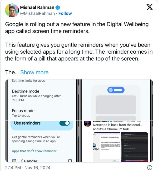 A screenshot from a post written by Mishaal Rahman on Digital Wellbeing