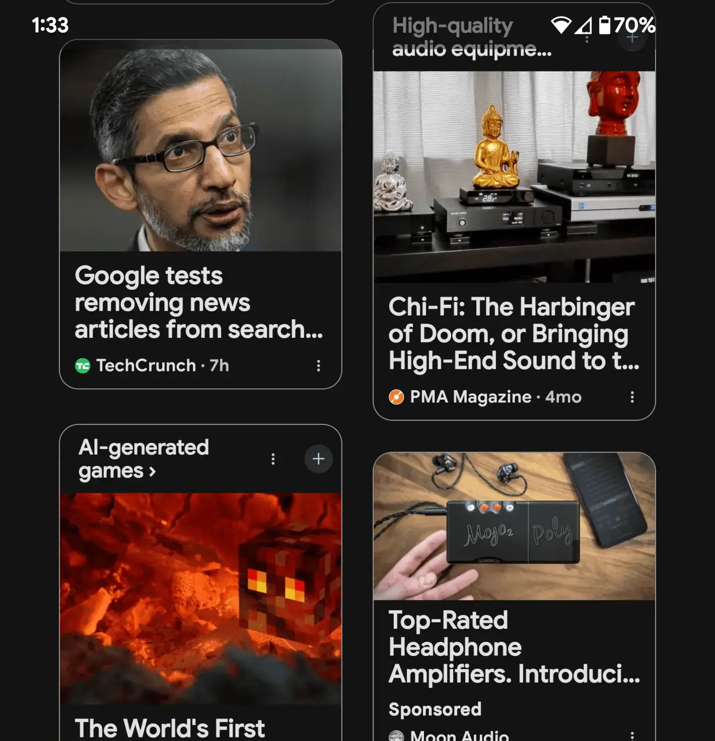 Screenshots from the new look of the Google Discover feed.