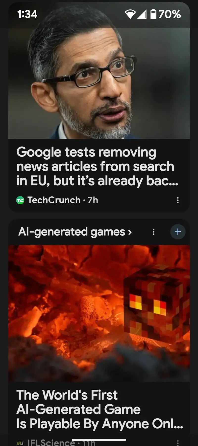 Screenshot of the news cards of the Google Discover feed.