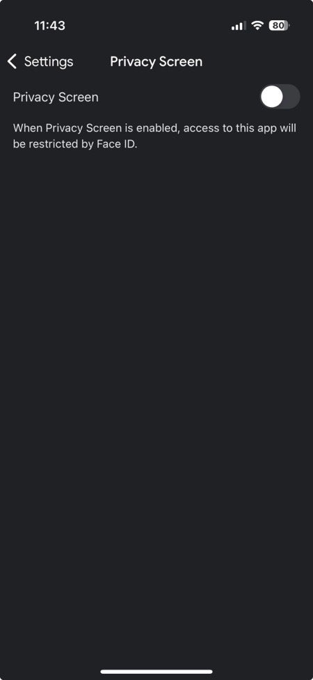 Screenshot of Google authenticator's privacy screen feature toggle on iOS