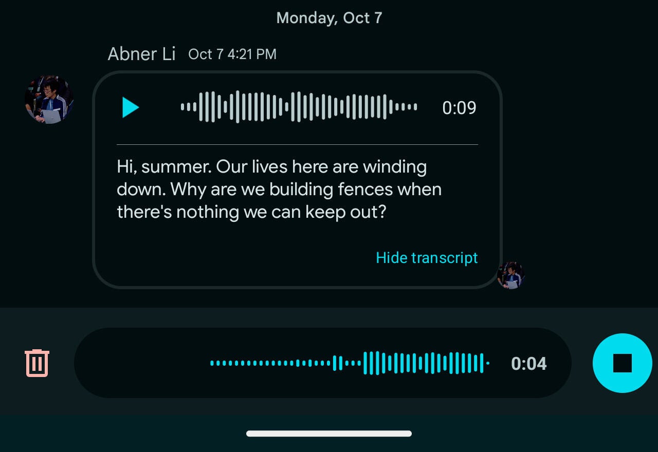 A screenshot of the voice messaging feature in Google Chat