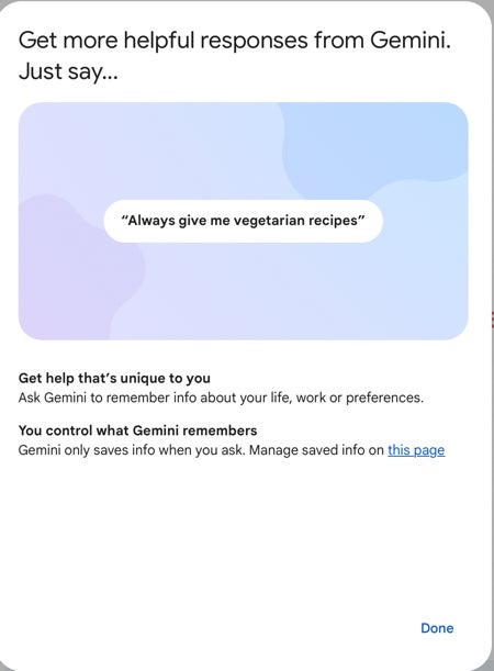 A popup in Gemini announcing the new &quot;Saved info&quot; feature