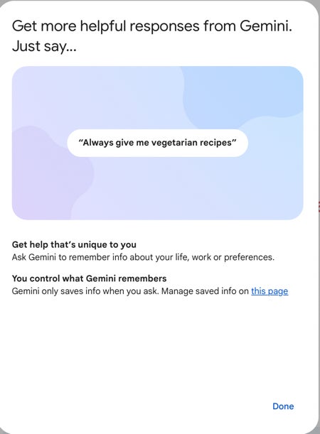 A popup in Gemini announcing the new "Saved info" feature