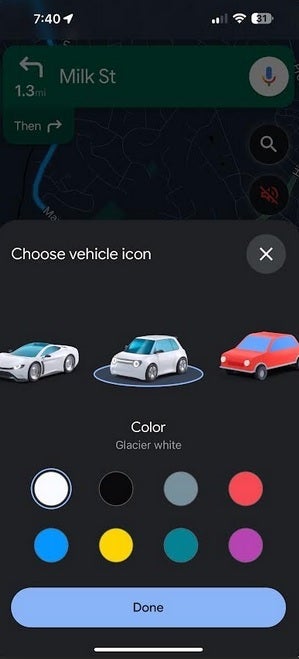 screenshot shows the new customizable icon option for the iOS version of Google Maps.