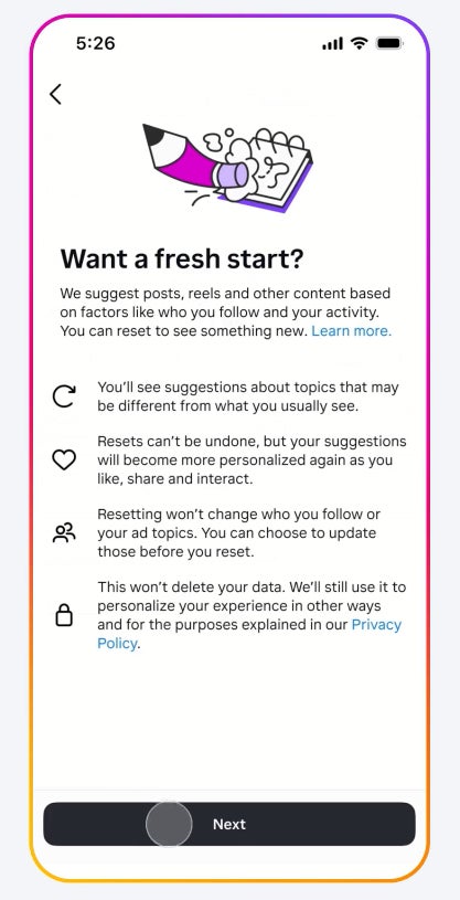 Instagram users can now reset suggested content across Explore, Reels and Feed