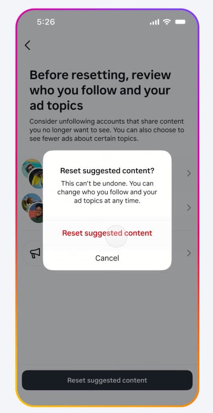 Instagram users can now reset suggested content across Explore, Reels and Feed