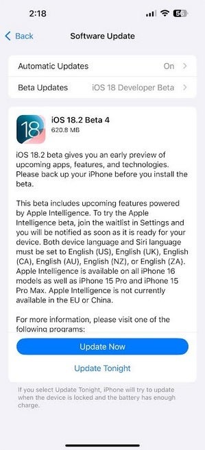 Apple releases iOS 18.2 beta 4. | Image credit-PhoneArena - With the stable version of iOS 18.2 getting closer, Apple releases iOS 18.2 beta 4