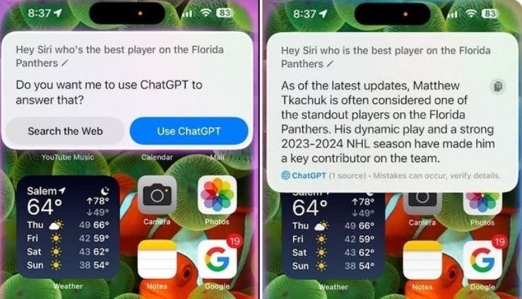 Example of Siri with ChatGPT integration. | Image credit-PhoneArena - With the stable version of iOS 18.2 getting closer, Apple releases iOS 18.2 beta 4