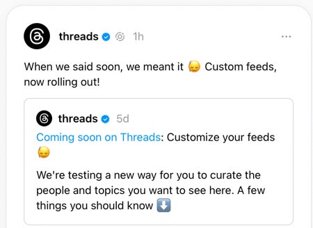 Post on Threads announcing custom feeds