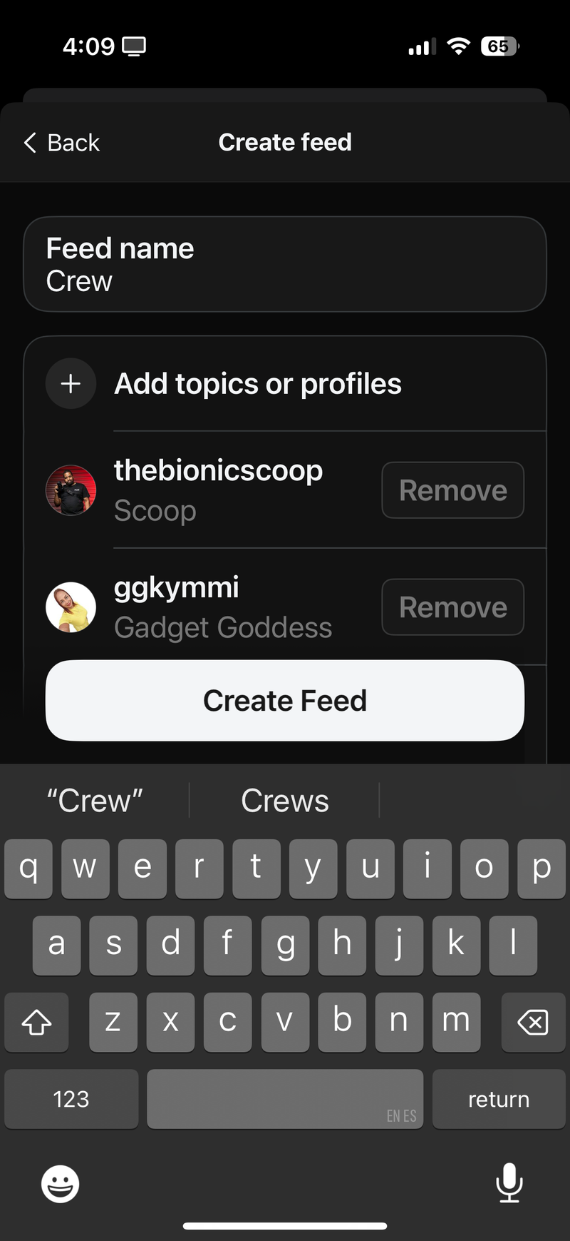 Screenshot of a step from the custom feed creation process on Threads